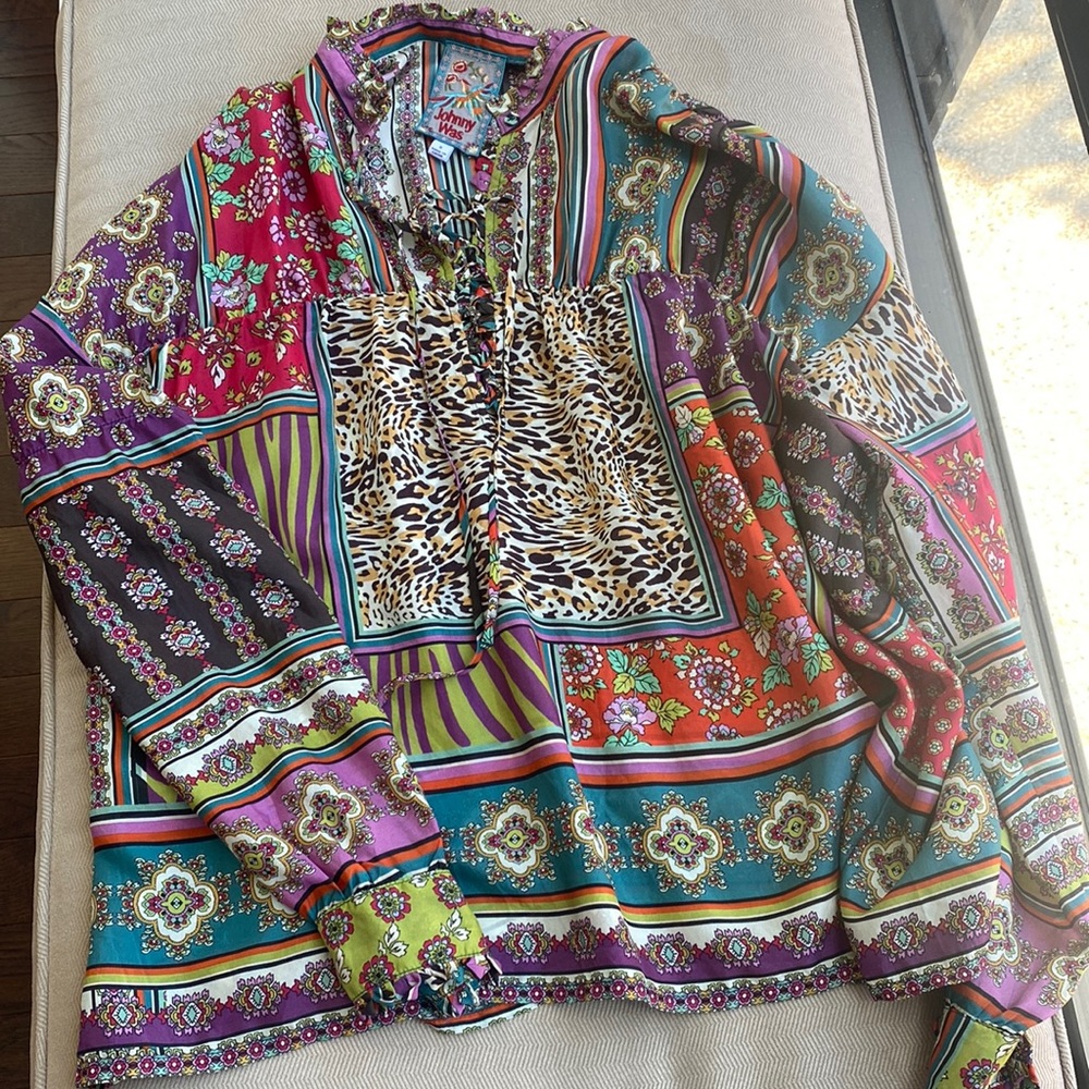 Johnny Was Mixed Floral Animal Print Lace-up Ruffle Tunic Top - Small